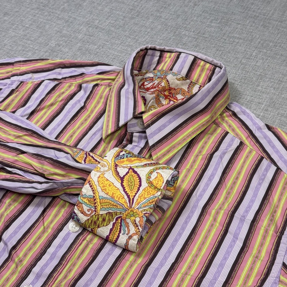 Robert Graham Button-Up Dress Shirt Floral Flip Cuffs Mens M Multicolor Striped
